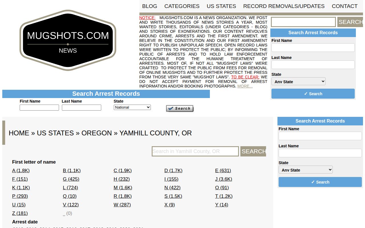 Yamhill County legacy mugshot archive interface from an unofficial third-party source