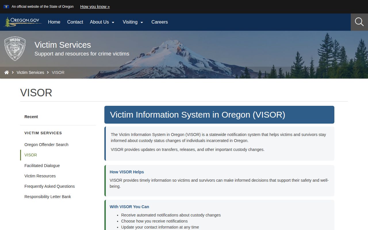 Oregon VISOR notification information for Yamhill County custody questions