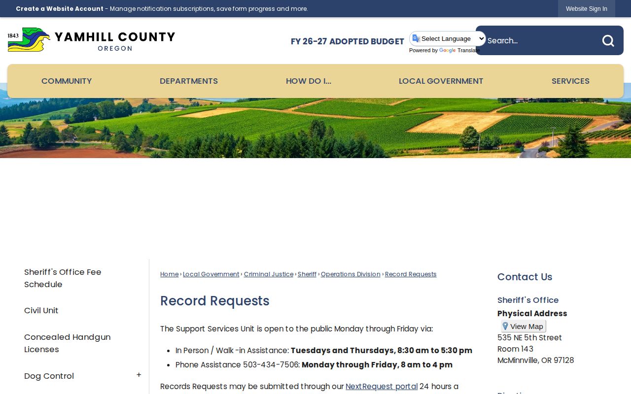 Yamhill County Sheriff booking record request instructions