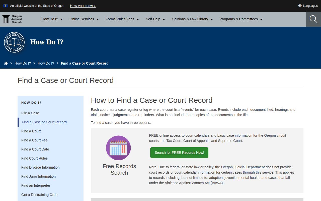 Yamhill County warrant and court record lookup options on the Oregon Judicial Department website